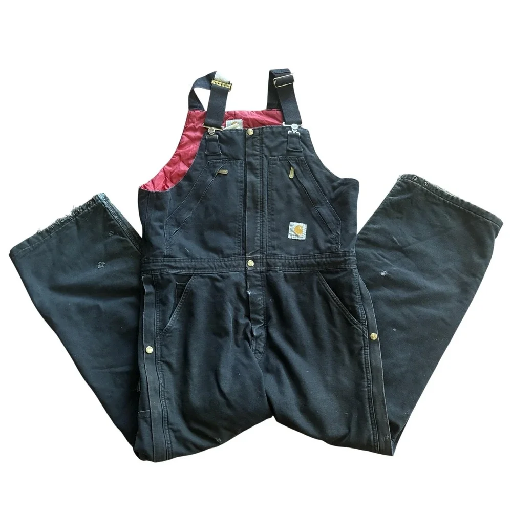Carhartt Bib Overalls Mens 44x30 Black R38 Duck Insulated Quilt Lined Workwear